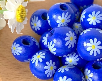 Blue with daisy wooden round beads, 20 pcs, 15.5 mm, large 3mm+ hole beads for DIY garland, tassels, beadable items