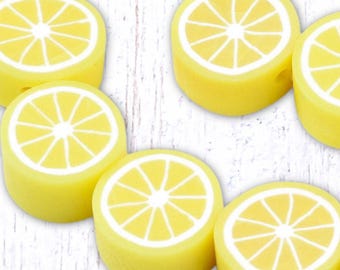 38 polymer clay lemon slice beads, ~9-9.5mm with 1.5mm hole, bright yellow (C0149)