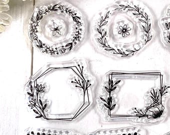 Garland, wreaths, and frames stamp set, 27 small silicone stamps in various botanical patterns, scrapbooking, planner, junk journal, collage