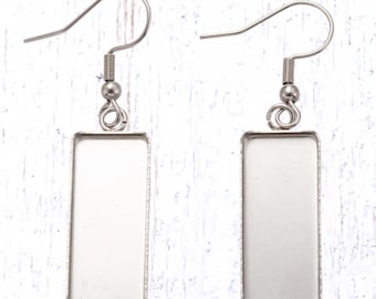 Earring blanks, 20 sets rectangle trays with glass cabochons and ear wires, DIY jewelry supplies, stainless steel, 25x10mm (B0084)