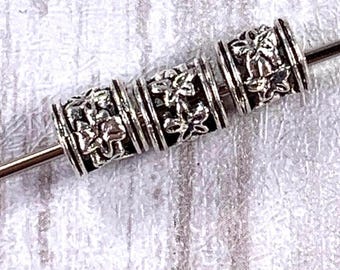 50 metal tube spacer beads with flowers design, 6mm large hole spacer beads with 3.8mm hole for beadable blank crafts, antique silver color
