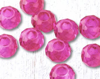 Large hole pink glass faceted beads no metal core, 10 pcs 13.5x7.5 mm, European beads (C0122)