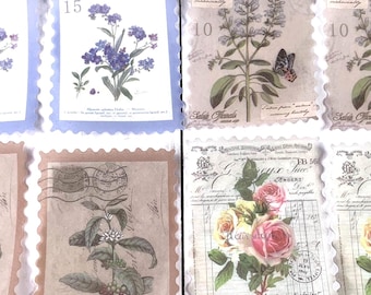 60 vintage stamp style stickers, floral, plant, woodland animals designs, translucent antique-like stickers, junk journal scrapbook ephemera