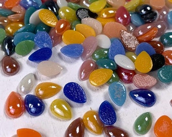200 pcs porcelain glass teardrop cabochons for mosaics, opaque pearlized small 8mm glass tapered ovals, assorted colors flat back cabochons