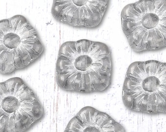 10 Czech square glass flower beads, light gray blossom with silver inlay, 11x11mm