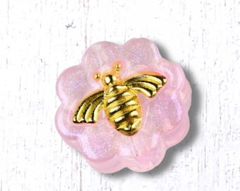Glass flower shaped beads with golden bee, 20 pcs, 12x5.3mm, pink wash with golden brass bee, fun beads for jewelry (A0001)