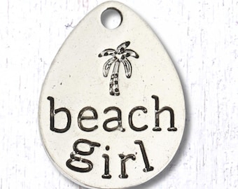 10 "beach girl" charms with palm tree, 19.5x14.5 mm teardrop antique silver charms for keychains and jewelry (G0224)