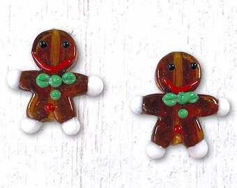 2 pcs glass gingerbread man lampwork beads, 26mm focal beads for holiday crafting, unique glass beads (A0045)