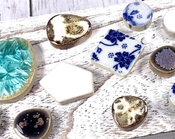 Ceramic pieces for mosaic, approx. 17 pcs, .70 - 1.25" random assortment color, size, shape, small glazed pottery mosaic tesserae (B0072)