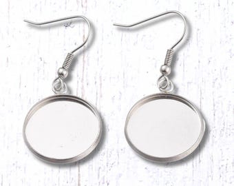 Earring blanks, 20 sets round trays with glass cabochons and ear wires, DIY jewelry supplies, stainless steel, 18mm or 10mm (B0084)