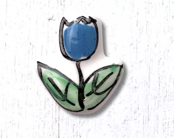Porcelain tulip beads for jewelry, 6 pcs, 16x14 hand-painted blue flowers for beadable crafts, focal bead for earrings