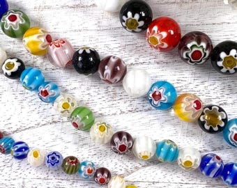 Millefiori glass round beads, colorful jewelry making beads, mixed multicolor floral beads, glass with flowers, 6/8/10/12 mm (A0019)