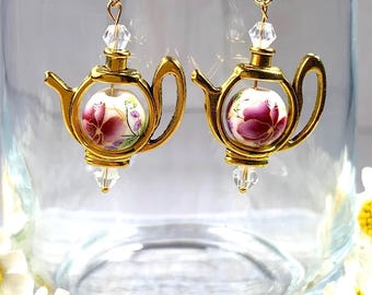 Teapot earrings w/ floral porcelain bead, Victorian tea party vintage-inspired dangle earrings, whimsical cottagecore tea lover gift for mom