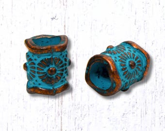 50 floral big hole tube spacer beads, 7.5x6mm alloy with copper and blue patina finish, 3.5mm hole (G0223)