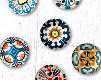 6 glass tile magnets for fridge, Mediterranean tile, Talavera-inspired, random assortment, ~1" round, gift for coworker, teacher