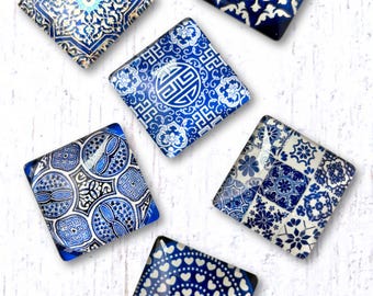 6 square glass tile magnets for fridge, classic blue-and-white, azulejo inspired prints, random assortment, gift for coworker