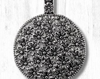 2 floral medallion pendants, large 58x45mm antique silver alloy embossed flower pendants for jewelry, bag charms, keychains (L0316)