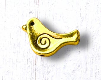 Gold metal bird spacer beads, 20 pcs, 15x9mm, 1.5mm hole, small birds animal shaped alloy beads for jewelry (M0328/5)