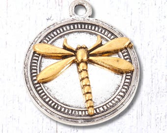 Two tone dragonfly charm, 10 pcs, 25x21mm gold and silver tone alloy round pendant, mixed metal findings for jewelry (G0217)