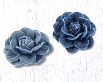 Denim fabric flowers, 2 pcs, ~2"/50mm, 3D cloth flower appliques, denim rose for DIY barrettes, hats, handbags, brooches