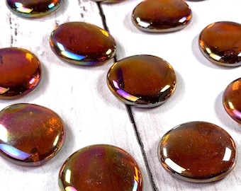 Jumbo deep orange glass gems, 15 pc, approx 32mm flat back marbles for garden stones, mosaic glass cabochons with or w/o iridescent finish