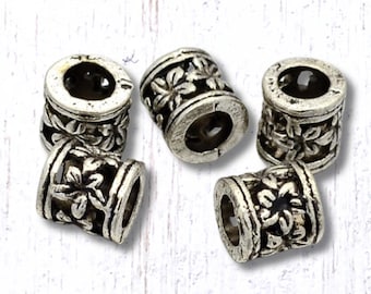 50 metal tube spacer beads with flowers design, 6mm large hole spacer beads with 3.8mm hole for beadable blank crafts, antique silver finish