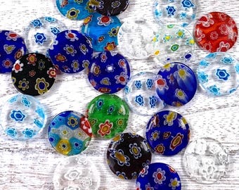 Millefiori glass round flower cabochons, glass craft supplies, colorful mosaic supplies, undrilled beads, Murano glass cabs 15x2.5mm, 25 pcs