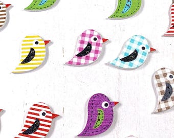 Wood bird buttons for crafts, 2-hole bird buttons for button art, sewing, mixed printed stripes, solid, plaid, 20x15mm, 20 pc (C0107)