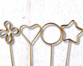 Set of 24 golden metal stakes for centerpiece pick, 13" beadable blanks for potted plant trellis, 6 each of 4 styles, DIY table numbers