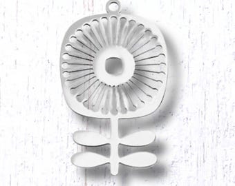 10 stainless steel Scandinavian flower charms for jewelry making, folksy flower pendant, retro dandelion charms, ~33x19x1mm (L0315)