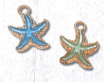 Starfish charm, 10 pcs, 18x14.5mm alloy with enamel in sky blue or seafoam green with light gold finish, charms for beachy themed jewelry