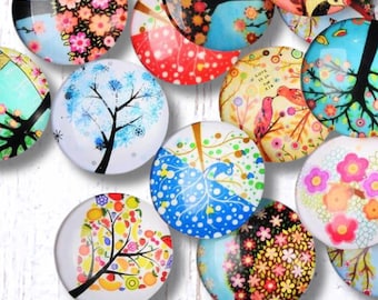 10 folksy trees printed glass cabochons for jewelry, ~30mm round printed flat back cabochon for pendants, glass accents (B0091)