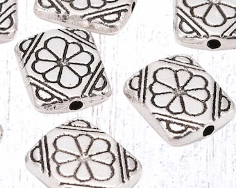 10 metal flower spacer beads, 12x9.5mm flat rectangle alloy beads with 1.6mm hole, antique silver with flower print for jewelry and beading