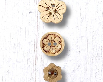 25 wooden floral buttons, natural coconut wood carved buttons, boho flower buttons, sewing projects, multimedia art, button crafts, crochet