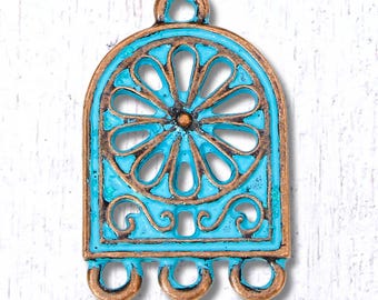 10 antique copper multistrand arched floral connector links, 25x16 mm, 3 hole chandelier links with blue patina (G0227)