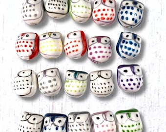 20 ceramic owl beads for jewelry, hand-painted porcelain owls, 15mm focal bead w/ 2mm hole, assorted mix or color set (C0106)