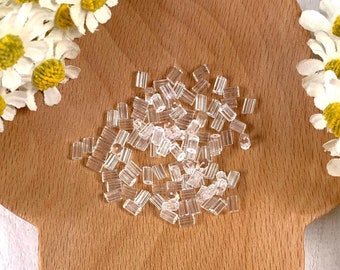 Plastic earring backs, silicone ear nuts for jewelry, clear bead stoppers for beadable metal stakes, 3.5x2.5mm w/ .5mm hole, 100 or 10 grams