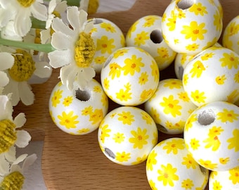 Yellow daisies wooden round beads, 20 pcs, 15.5 mm, large 3mm+ hole beads for DIY garland, tassels, beadable items