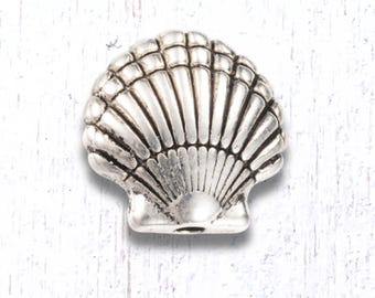 Metal sea shell spacer beads, 20 pcs, 14x13.5mm, 1.8mm hole, ocean theme shell shaped alloy beads, antique silver finish