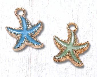 Starfish charm, 10 pcs, 18x14.5mm alloy with enamel in sky blue or seafoam green with light gold finish, charms for beachy jewelry (L0319)