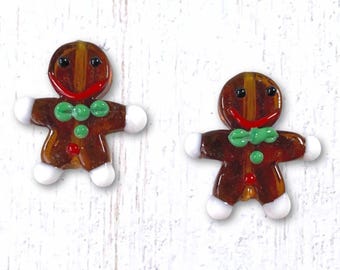 2 pcs glass gingerbread man lampwork beads, 26mm focal beads for holiday crafting, unique glass beads (A0045)
