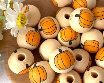Pumpkin printed wooden round beads, 20 pcs, 15.5 mm, large 3mm+ hole beads for DIY garland, tassels, beadable items, autumn crafts