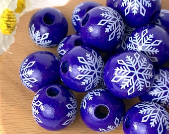 Blue snowflake pattern wooden round beads, 20 pcs, 15.5 mm, large 3mm+ hole beads for DIY garland, tassels, beadable items