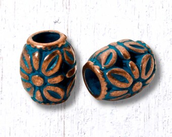 20 floral big hole barrel spacer beads, 10.5x9mm alloy with copper and blue patina finish, 3.5mm hole (G0223)