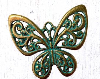 2 antique bronze butterfly pendants, 48x55 mm alloy oversized charms with patina for nature inspired crafts (G0225)