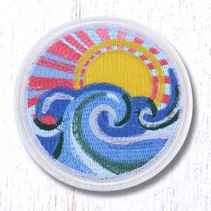 Sun and waves iron-on patch, 90mm/3.5" round applique with embroidered sunburst and ocean