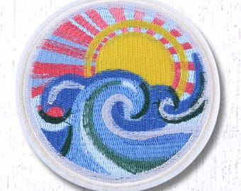 Sun and waves iron-on patch, 90mm/3.5" round applique with embroidered sunburst and ocean