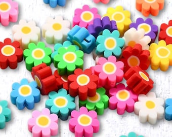 50 polymer clay daisy beads, ~9.5mm with 1.5mm hole, bright assorted color mix (C0157)