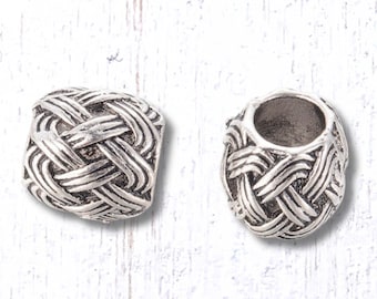 10 metal tube rattan weave spacer beads, 9.5mm basket weave-like column beads, 5mm hole, antique silver colored metal beads for bracelets