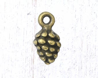 Mini pine cone charms, 20 pcs, antique bronze 13x6.5 mm tiny charms with loop for woodland themed jewelry (L0304)